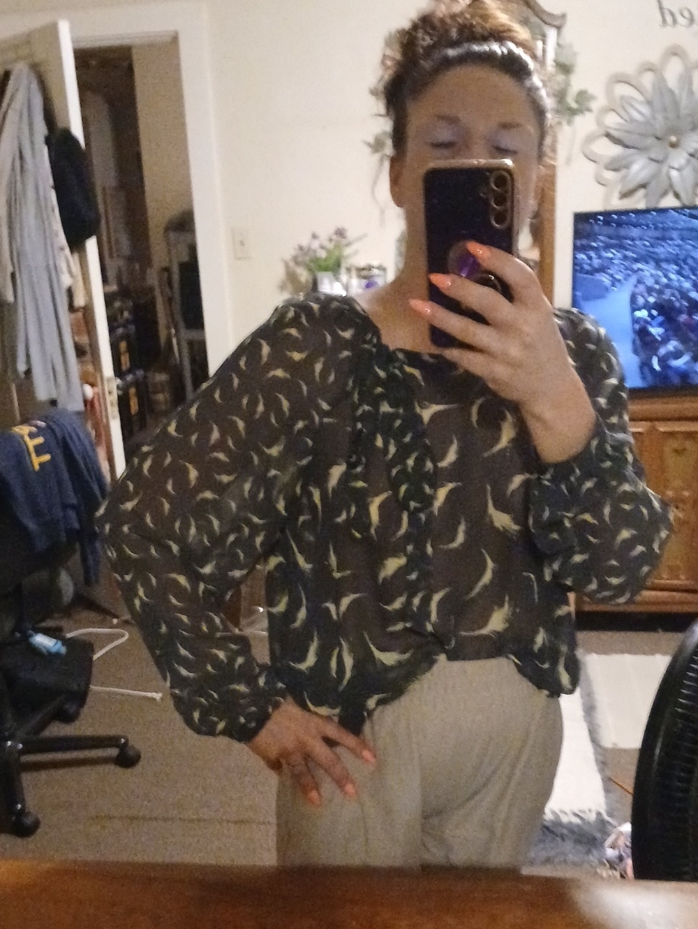 Sheer Ruffled Long-Sleeve Blouse - Dark Gray with Sea/sage Green Print